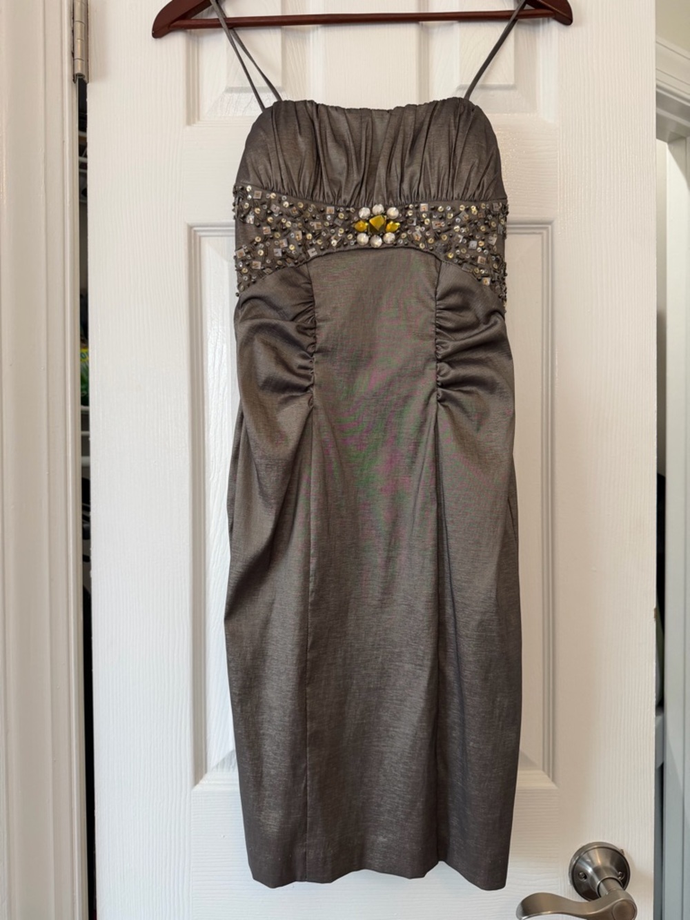 Xscape Pewter Beaded Spaghetti-Strap Midi Dress